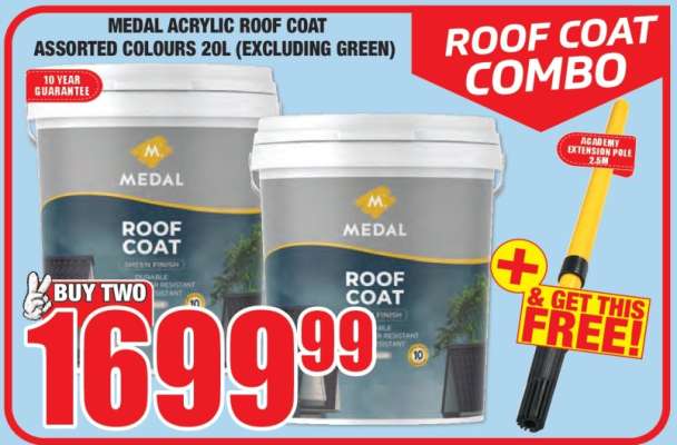 MEDAL ACRYLIC ROOF COAT ASSORTED COLOURS 20L (EXCLUDING GREEN)