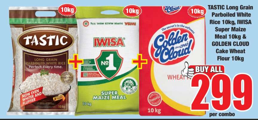 TASTIC Long Grain Parboiled White Rice 10kg, IWISA Super Maize Meal 10kg & GOLDEN CLOUD Cake Wheat Flour 10kg