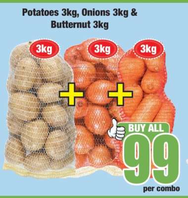Potatoes 3kg, Onions 3kg & Butternut 3kg