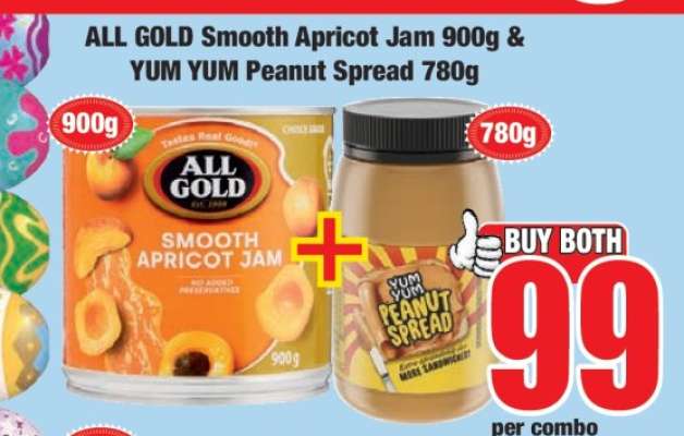 ALL GOLD Smooth Apricot Jam 900g & YUM YUM Peanut Spread 780g