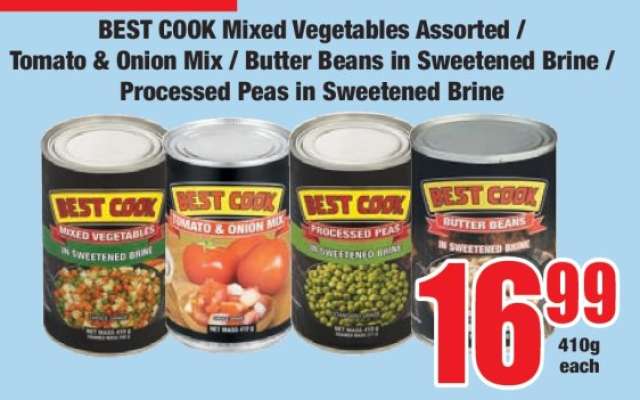 BEST COOK Mixed Vegetables Assorted / Tomato & Onion Mix / Butter Beans In Sweetened Brine / Processed Peas in Sweetened Brine