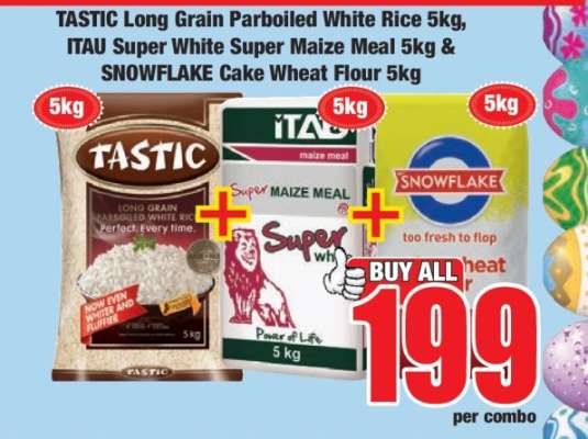 TASTIC Long Grain Parboiled White Rice 5kg, ITAU Super White Super Maize Meal 5kg & SNOWFLAKE Cake Wheat Flour 5kg