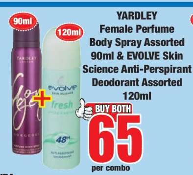 YARDLEY Female Perfume Body Spray Assorted 90ml & EVOLVE Skin Science Anti-Perspirant Deodorant Assorted 120ml