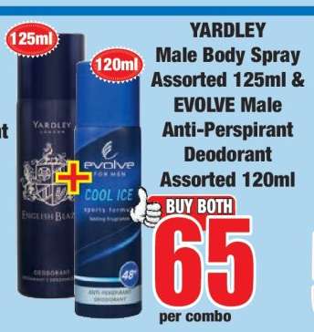 YARDLEY Male Body Spray Assorted 125ml & EVOLVE Male Anti-Perspirant Deodorant Assorted 120ml