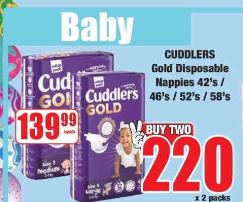 CUDDLERS Gold Disposable Nappies 42's / 46's / 52's / 58's