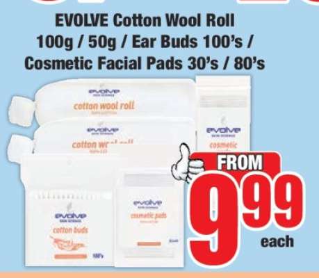 EVOLVE Cotton Wool Roll 100g / 50g / Ear Buds 100's / Cosmetic Facial Pads 30's / 80's