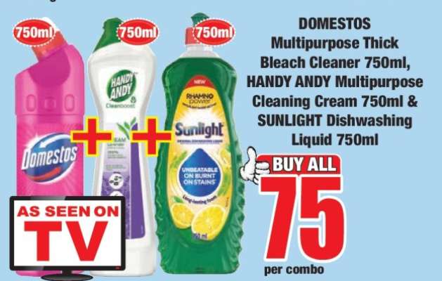 DOMESTOS Multipurpose Thick Bleach Cleaner 750ml, HANDY ANDY Multipurpose Cleaning Cream 750ml & SUNLIGHT Dishwashing Liquid 750ml