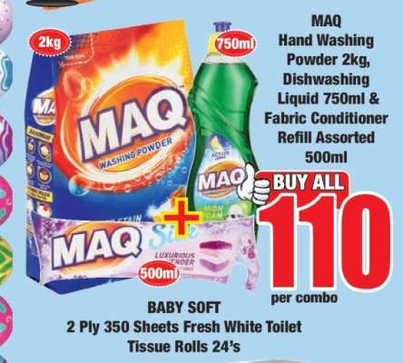 MAQ Hand Washing Powder 2kg, Dishwashing Liquid 750ml & Fabric Conditioner Refill Assorted 500ml