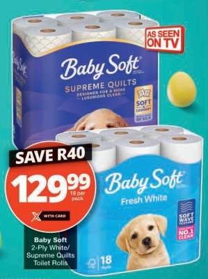 Baby Soft 2-Ply White/Supreme Quilts Toilet Rolls