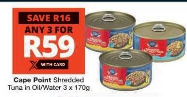 Cape Point Shredded Tuna in Oil/Water 3 x 170g