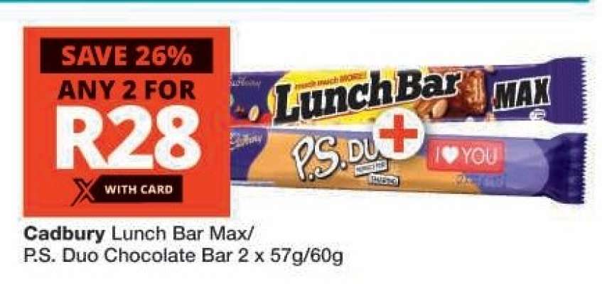 CADBURY LUNCH BAR MAX/P.S. DUO CHOCOLATE BAR