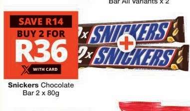 Snickers Chocolate Bar 2 x 80g