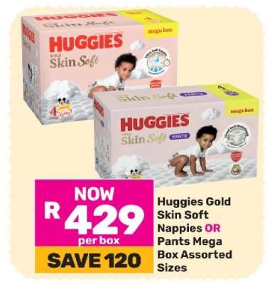 Huggies Gold Skin Soft Nappies OR Pants Mega Box Assorted Sizes