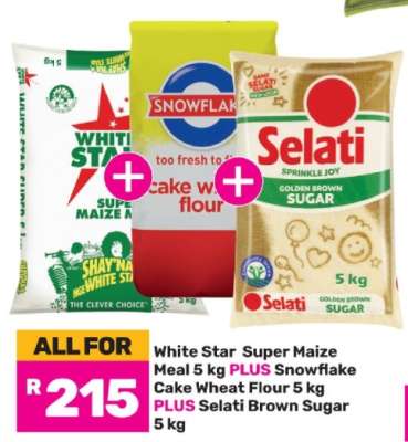 White Star Super Maize Meal 5 kg PLUS Snowflake Cake Wheat Flour 5 kg PLUS Selati Brown Sugar 5 kg