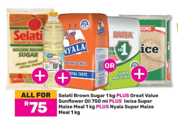 Selati Brown Sugar 1 kg PLUS Great Value Sunflower Oil 750 ml PLUS Iwisa Super Maize Meal 1 kg PLUS Nyala Super Maize Meal 1 kg