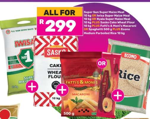 Super Sun Super Maize Meal, Iwisa Super Maize Meal, Nyala Super Maize Meal, Sasko Cake Wheat Flour, Fatti's & Moni's Macaroni, Econo Medium Parboiled Rice