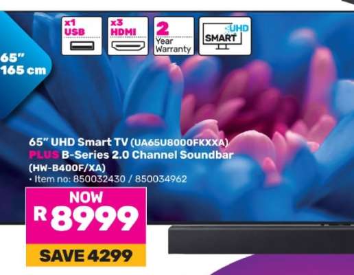 65" UHD Smart TV (UA65U8000FKXXA) PLUS B-Series 2.0 Channel Soundbar (HW-B400F/XA)