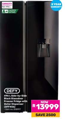 DEFY 496L Side-by-Side Black Glassdoor Freezer Fridge with Water Dispenser (DFF456)