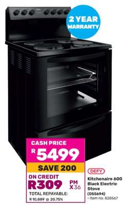Defy Kitchenaire 600 Black Electric Stove