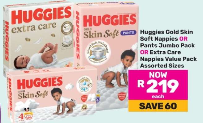 Huggies Gold Skin Soft Nappies OR Pants Jumbo Pack OR Extra Care Nappies Value Pack Assorted Sizes