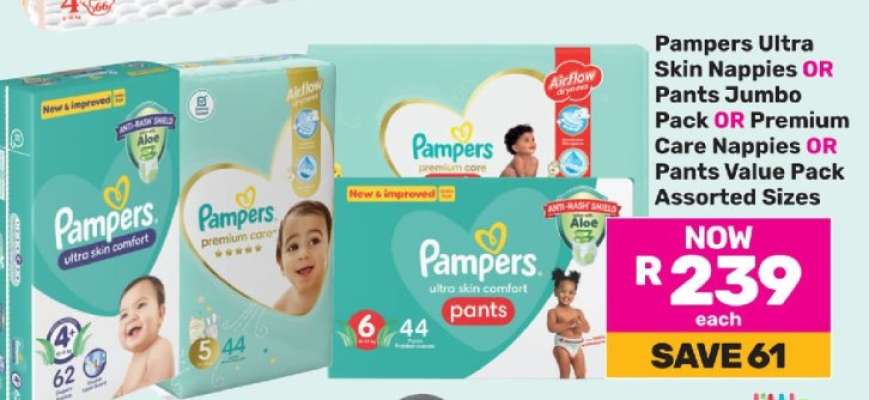 Pampers Ultra Skin Nappies OR Pants Jumbo Pack OR Premium Care Nappies OR Pants Value Pack Assorted Sizes