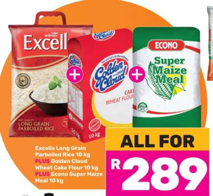 Excella Long Grain Parboiled Rice 10 kg, Golden Cloud Wheat Cake Flour 10 kg, Econo Super Maize Meal 10 kg