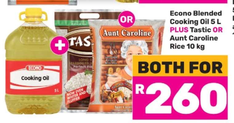 Econo Blended Cooking Oil 5 L PLUS Tastic OR Aunt Caroline Rice 10 kg