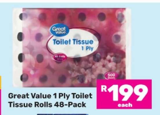 Great Value 1 Ply Toilet Tissue Rolls 48-Pack