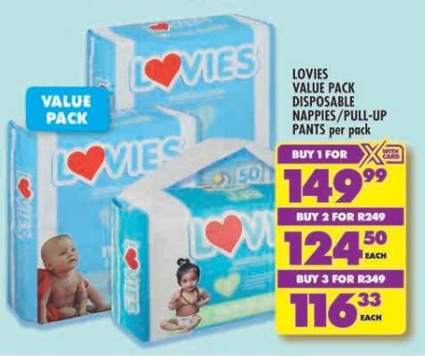 LOVIES VALUE PACK DISPOSABLE NAPPIES/PULL-UP PANTS per pack