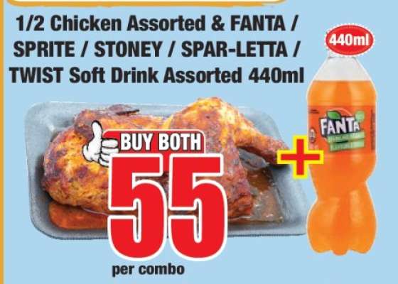 1/2 Chicken Assorted & FANTA / SPRITE / STONEY / SPAR-LETTA / TWIST Soft Drink Assorted 440ml