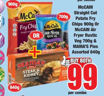 McCAIN Straight Cut Potato Fry Chips 900g Or McCAIN Air Fryer Rustic Veg 700g & MAMA’S Pies Assorted 640g