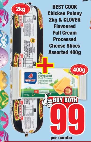 BEST COOK Chicken Polony 2kg & CLOVER Flavoured Full Cream Processed Cheese Slices Assorted 400g