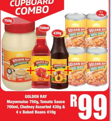GOLDEN RAY Mayonnaise 750g, Tomato Sauce 700ml, Chutney Assorted 430g & 4 x Baked Beans 410g