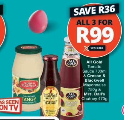 All Gold Tomato Sauce, Crosse & Blackwell Mayonnaise, Mrs. Ball's Chutney