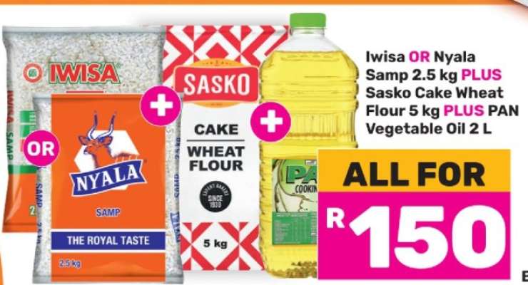 Iwisa OR Nyala Samp 2.5 kg PLUS Sasko Cake Wheat Flour 5 kg PLUS PAN Vegetable Oil 2 L