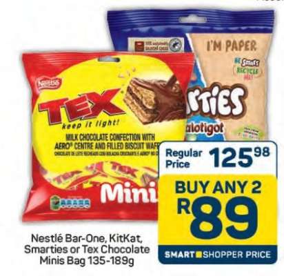 Nestlé Bar-One, KitKat, Smarties or Tex Chocolate Minis Bag 135-189g