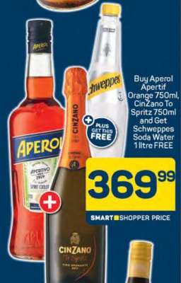 Aperol Aperitif Orange 750ml, CinZano To Spritz 750ml and Schweppes Soda Water 1 Litre