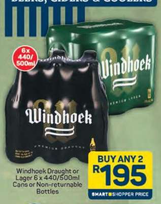 Windhoek Draught or Lager 6 x 440/500ml