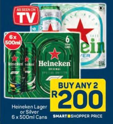 Heineken Lager or Silver 6 x 500ml Cans