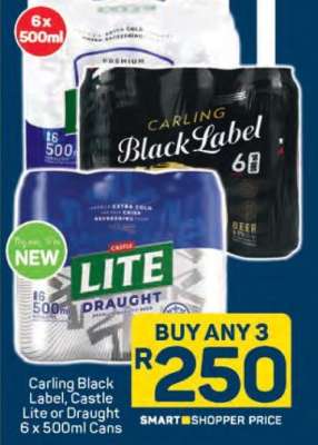 Carling Black Label, Castle Lite or Draught 6 x 500ml Cans