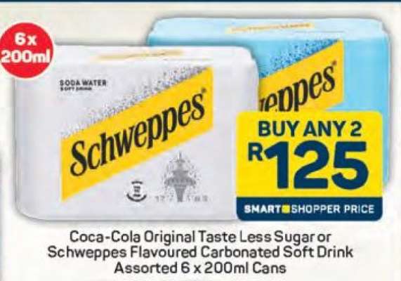 Coca-Cola Original Taste Less Sugar or Schweppes Flavoured Carbonated Soft Drink Assorted 6 x 200ml Cans