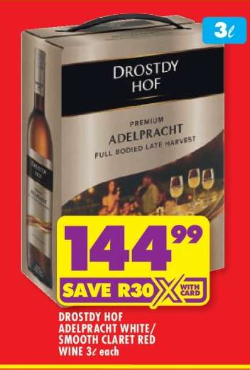 DROSTDY HOF ADELPRACHT WHITE / SMOOTH CLARET RED WINE 3ℓ each