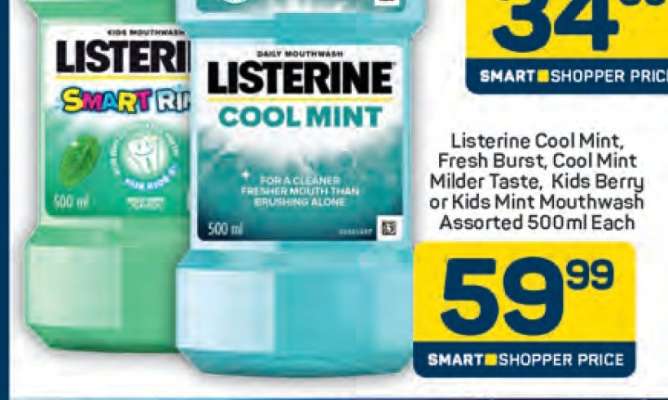 Listerine Cool Mint, Fresh Burst, Cool Mint Milder Taste, Kids Berry or Kids Mint Mouthwash Assorted 500ml Each