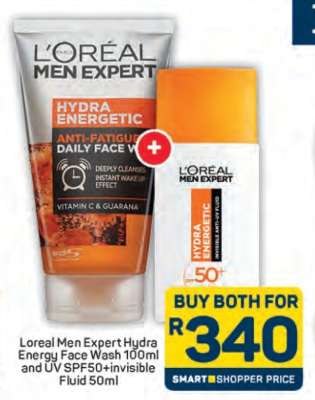 Loreal Men Expert Hydra Energy Face Wash 100ml and UV SPF50+invisible Fluid 50ml