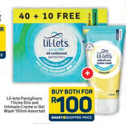 Lil-lets Pantyliners Thicks 50s and Intimate Creme or Gel Wash 150ml Assorted