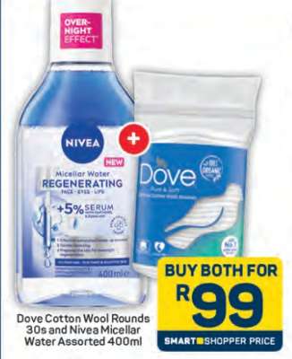Dove Cotton Wool Rounds 30s and Nivea Micellar Water Assorted 400ml