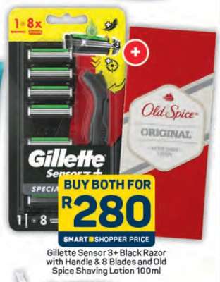Gillette Sensor 3+ Black Razor with Handle & 8 Blades and Old Spice Shaving Lotion 100ml