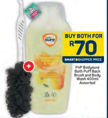 PnP Bodysure Bath Puff Back Brush and Body Wash 400ml Assorted
