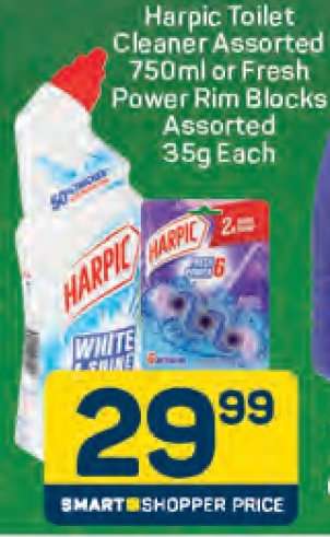 Harpic Toilet Cleaner Assorted 750ml or Fresh Power Rim Blocks Assorted 35g Each