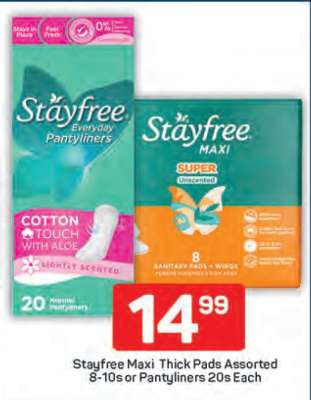 Stayfree Maxi Thick Pads Assorted 8-10s or Pantyliners 20s Each